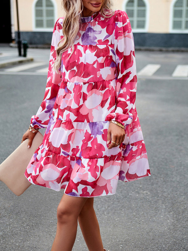 Elegant Floral Long-Sleeved Mini Dress – Woven Polyester, 4 Seasons Style