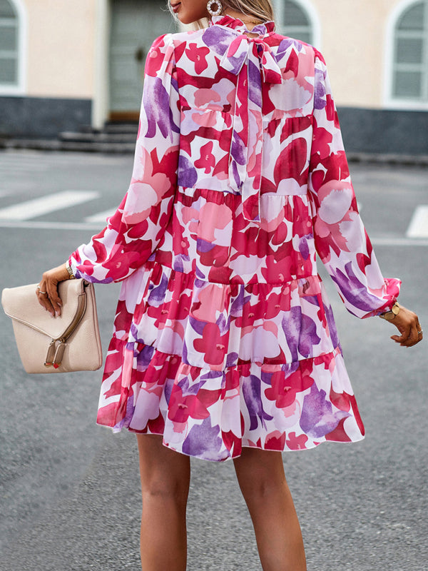 Elegant Floral Long-Sleeved Mini Dress – Woven Polyester, 4 Seasons Style