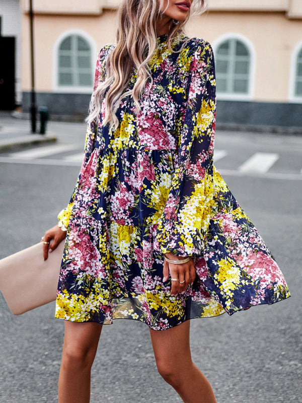 High Neck Ruffle Long Sleeve Dress – Stretch Woven Boho Style