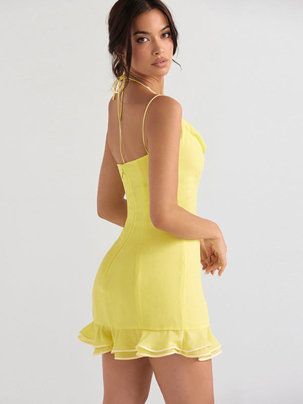 Lace Halter Neck Backless Midi Dress – Pile Collar, Suspender Design