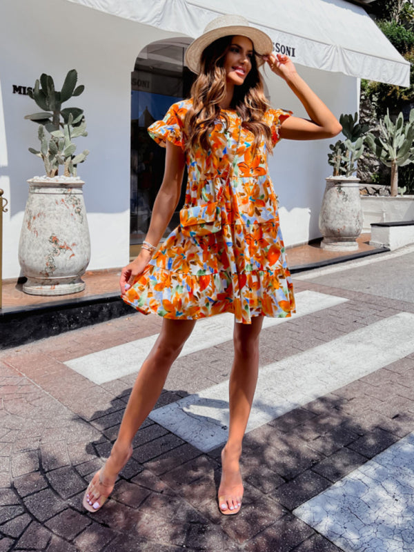 Floral Trumpet Sleeve Irregular Hem Dress – Romantic Spring Style