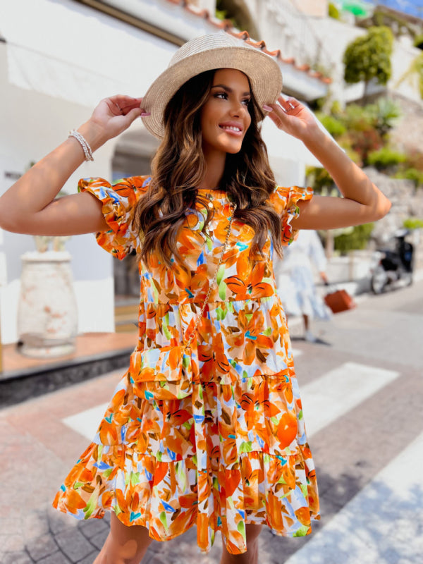 Floral Trumpet Sleeve Irregular Hem Dress – Romantic Spring Style