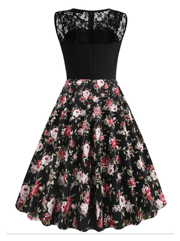 Ärmelloses Vintage-Blumenkleid mit Spitzenstickerei – Baumwolle im Retro-Sommerstil