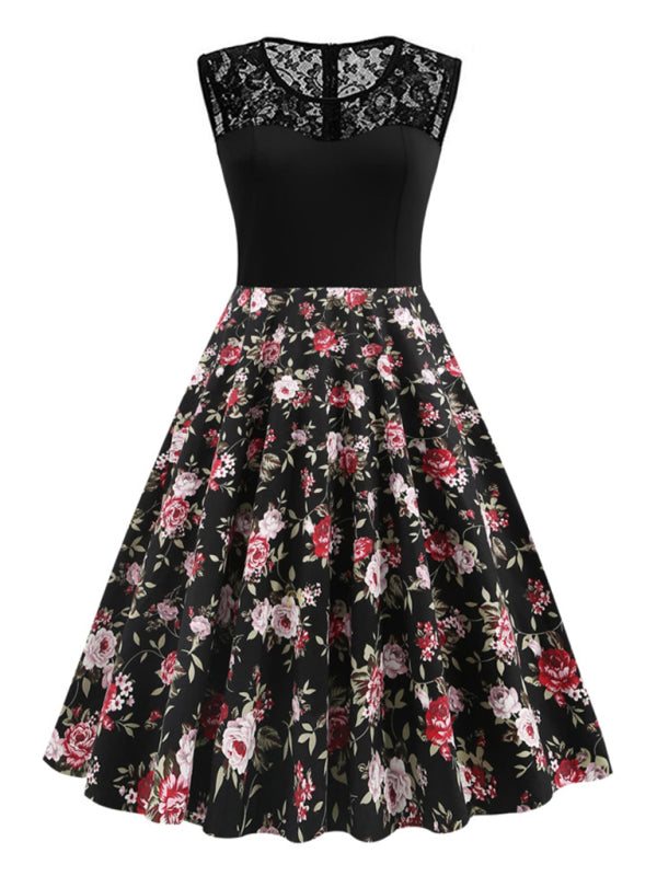 Ärmelloses Vintage-Blumenkleid mit Spitzenstickerei – Baumwolle im Retro-Sommerstil