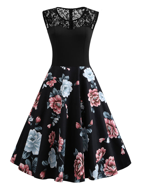 Ärmelloses Vintage-Blumenkleid mit Spitzenstickerei – Baumwolle im Retro-Sommerstil
