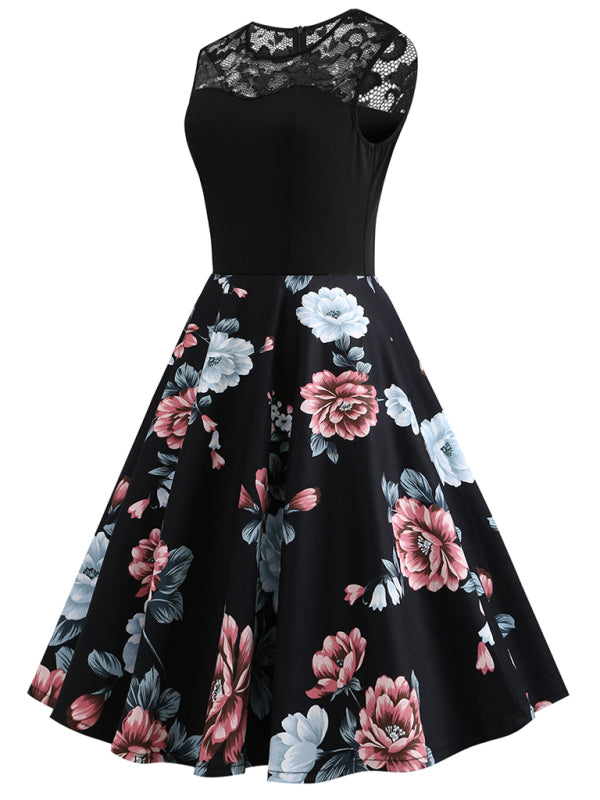 Ärmelloses Vintage-Blumenkleid mit Spitzenstickerei – Baumwolle im Retro-Sommerstil
