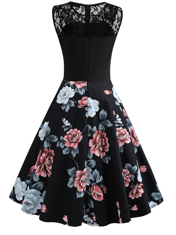 Ärmelloses Vintage-Blumenkleid mit Spitzenstickerei – Baumwolle im Retro-Sommerstil