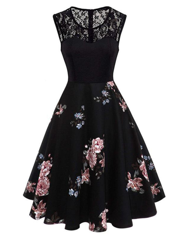 Ärmelloses Vintage-Blumenkleid mit Spitzenstickerei – Baumwolle im Retro-Sommerstil