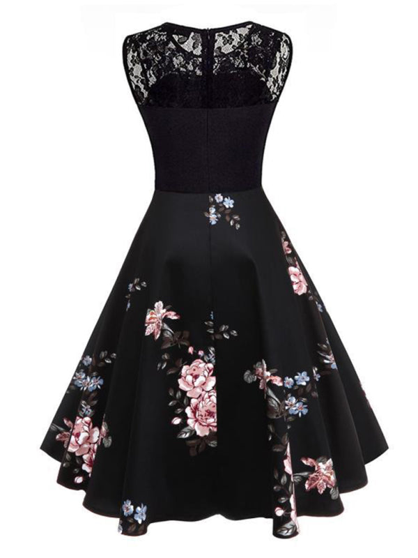 Ärmelloses Vintage-Blumenkleid mit Spitzenstickerei – Baumwolle im Retro-Sommerstil