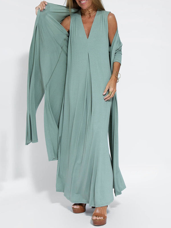 Solid V-Neck Pullover Midi Dress – Casual Knit Style for All Seasons