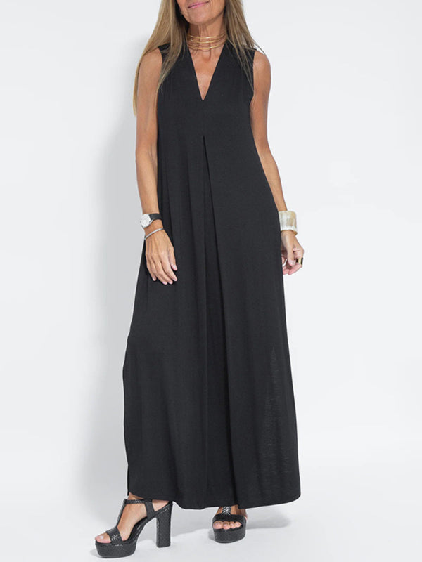 Solid V-Neck Pullover Midi Dress – Casual Knit Style for All Seasons