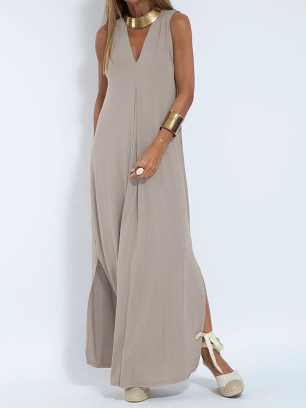 Solid V-Neck Pullover Midi Dress – Casual Knit Style for All Seasons
