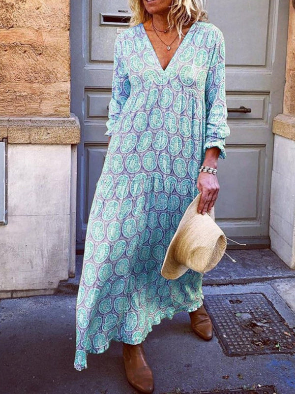 Bohemian V-Neck Printed Maxi Dress – Long Sleeve, Spring-Summer Style