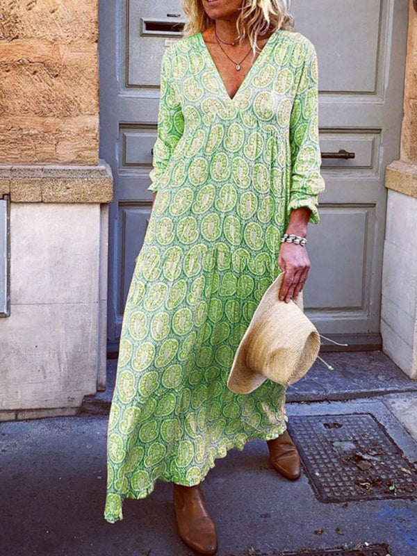 Bohemian V-Neck Printed Maxi Dress – Long Sleeve, Spring-Summer Style