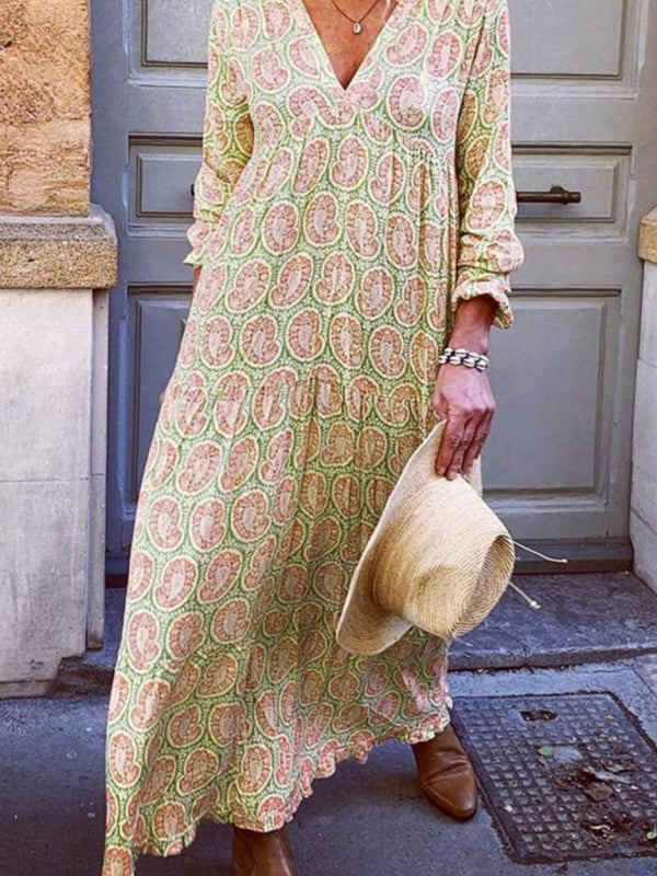 Bohemian V-Neck Printed Maxi Dress – Long Sleeve, Spring-Summer Style