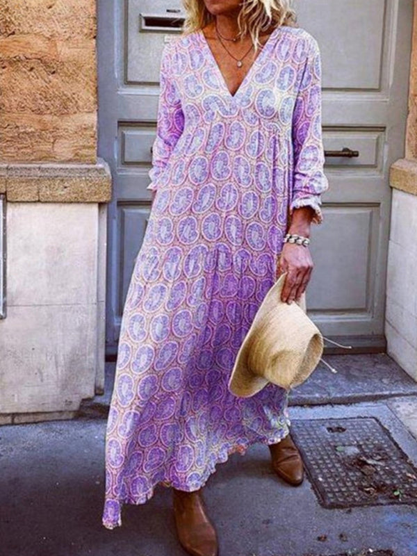 Bohemian V-Neck Printed Maxi Dress – Long Sleeve, Spring-Summer Style