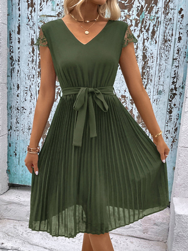 Lace Stitching Pleated Dress – Elegant Solid Color Spring-Summer Style