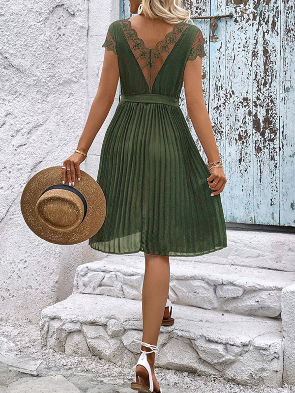 Lace Stitching Pleated Dress – Elegant Solid Color Spring-Summer Style
