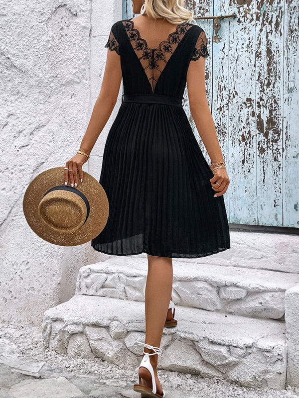 Lace Stitching Pleated Dress – Elegant Solid Color Spring-Summer Style