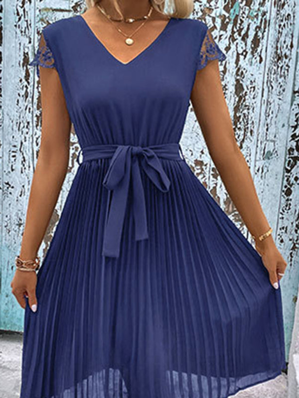 Lace Stitching Pleated Dress – Elegant Solid Color Spring-Summer Style