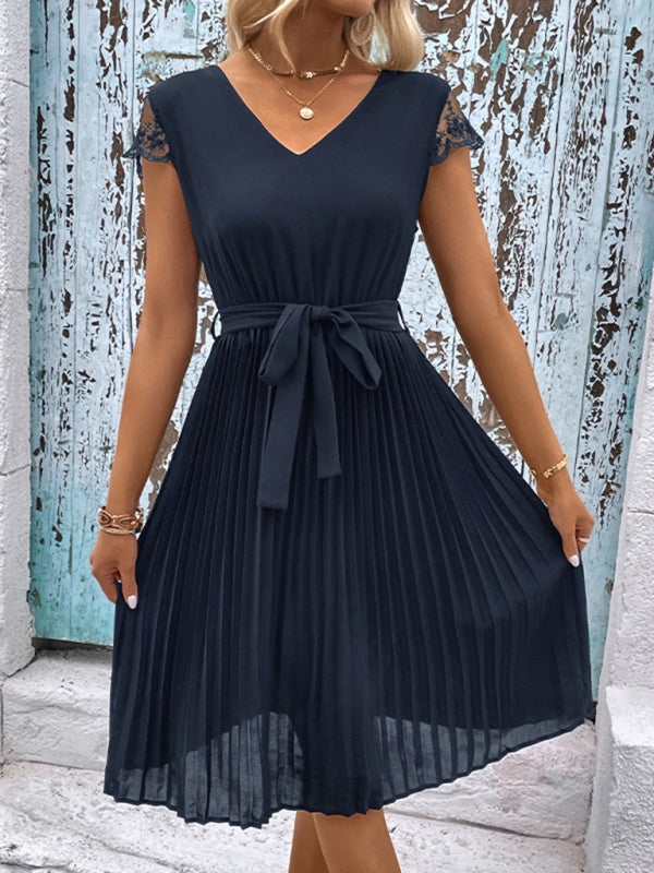 Lace Stitching Pleated Dress – Elegant Solid Color Spring-Summer Style