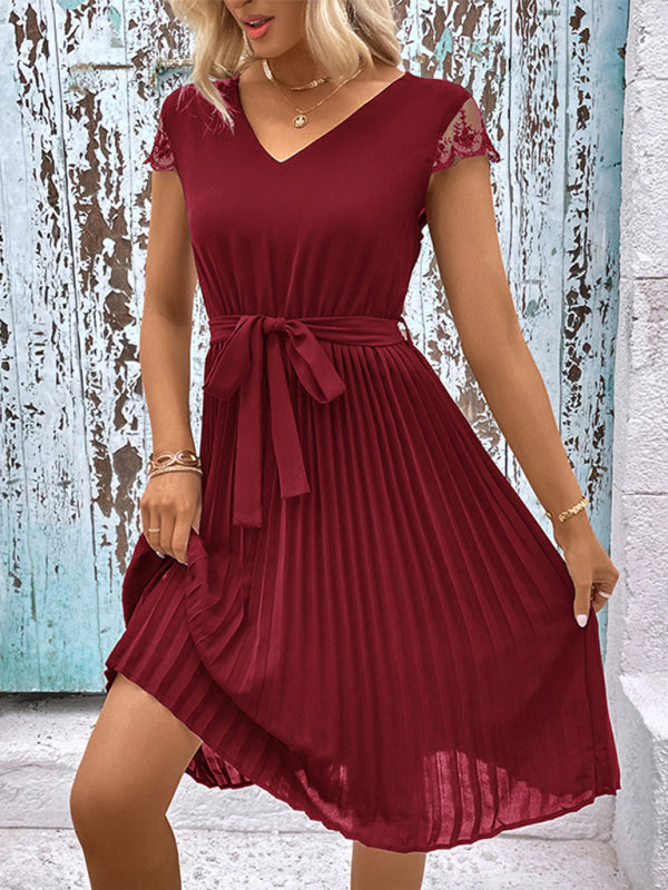 Lace Stitching Pleated Dress – Elegant Solid Color Spring-Summer Style
