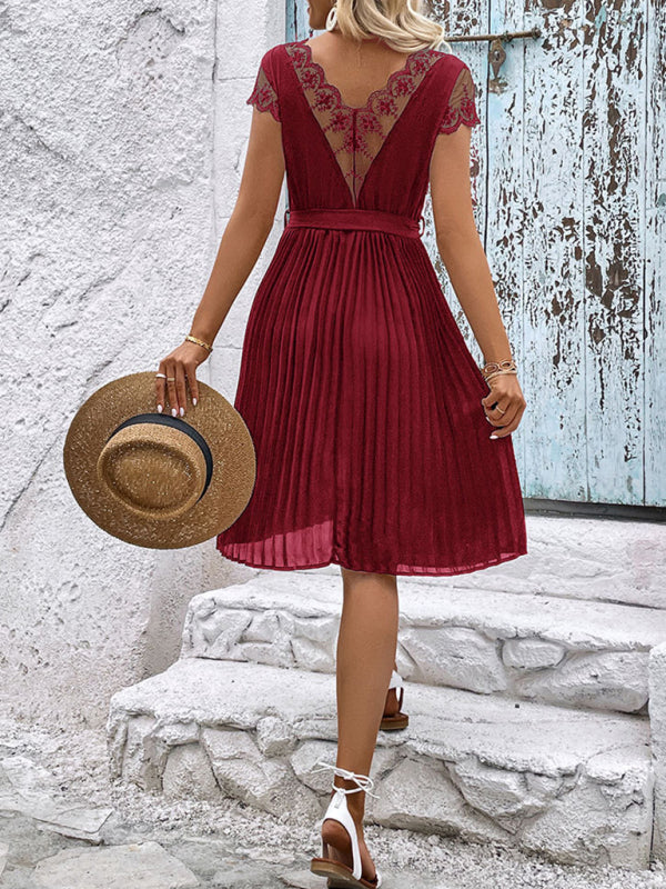 Lace Stitching Pleated Dress – Elegant Solid Color Spring-Summer Style