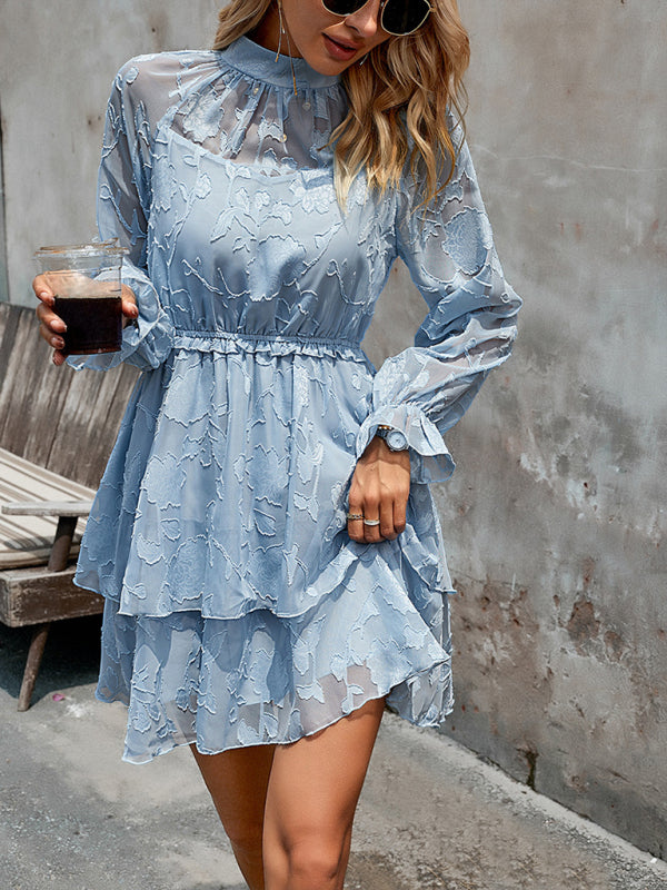 Elegant Jacquard Long-Sleeve Dress – Round Neck, Woven Fabric, Autumn Ready