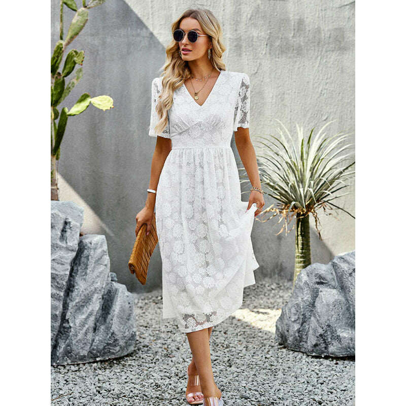 فستان دانتيل أنيق برقبة على شكل حرف V – خصر محدد، تصميم رومانسي لفصلي الربيع والصيف ابتسامة ماريا - كل شيء للنساء 34651211