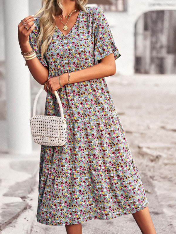 Bohemian V-Neck Floral Midi Dress – Lightweight, Short Sleeves, A-Line Fit