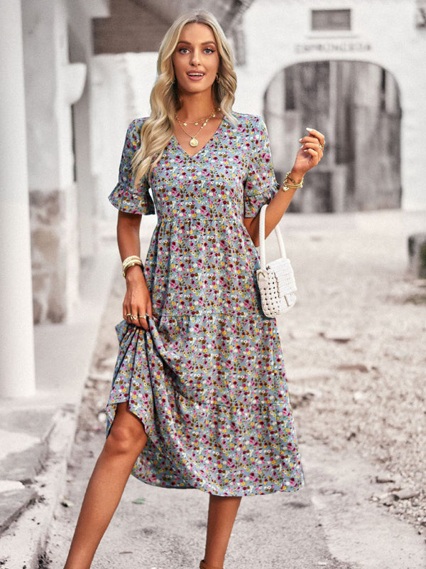 Bohemian V-Neck Floral Midi Dress – Lightweight, Short Sleeves, A-Line Fit