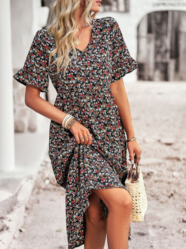 Bohemian V-Neck Floral Midi Dress – Lightweight, Short Sleeves, A-Line Fit