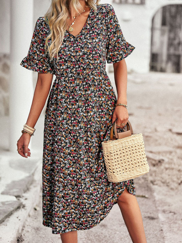 Bohemian V-Neck Floral Midi Dress – Lightweight, Short Sleeves, A-Line Fit