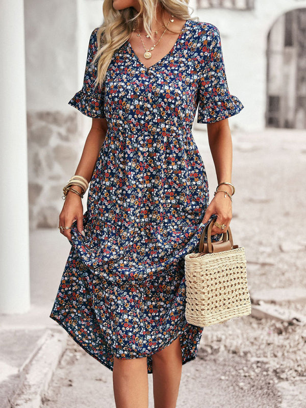 Bohemian V-Neck Floral Midi Dress – Lightweight, Short Sleeves, A-Line Fit