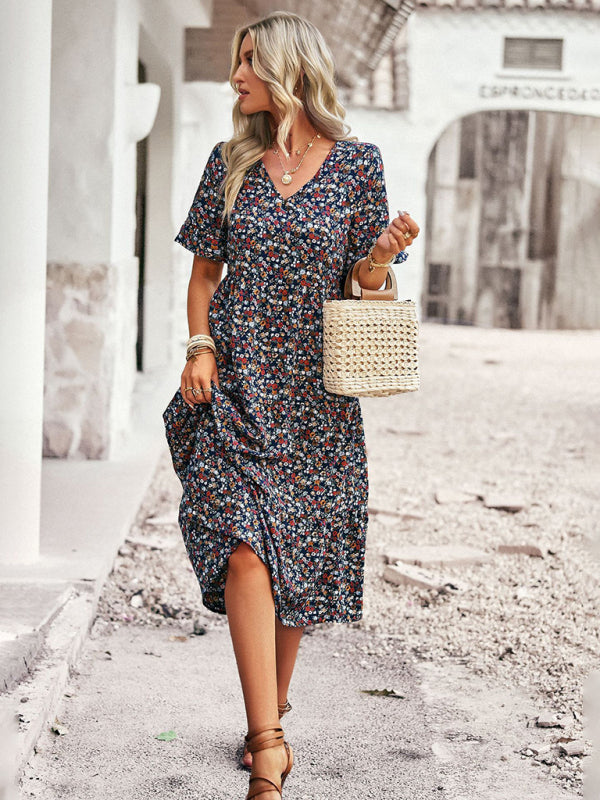 Bohemian V-Neck Floral Midi Dress – Lightweight, Short Sleeves, A-Line Fit