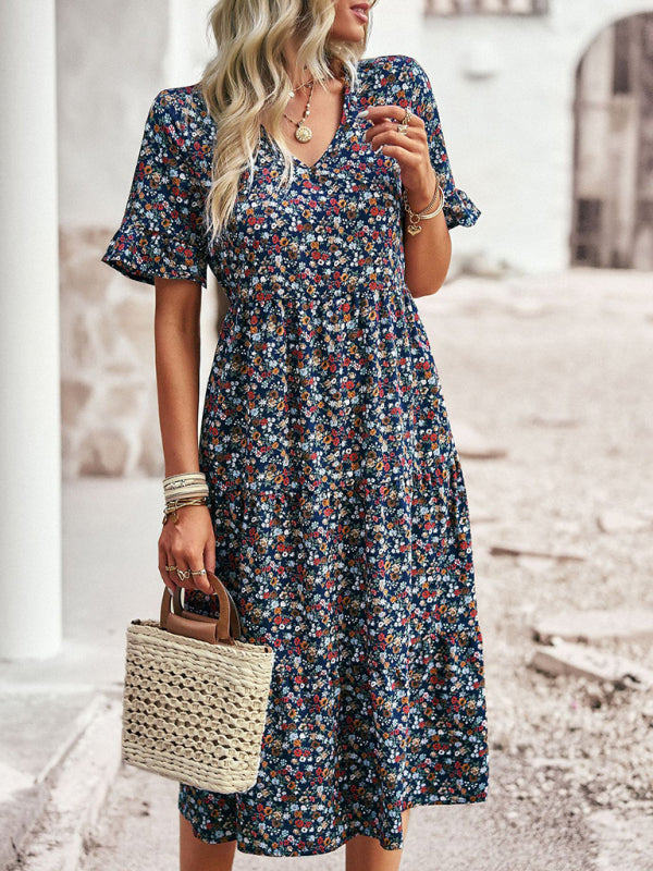 Bohemian V-Neck Floral Midi Dress – Lightweight, Short Sleeves, A-Line Fit