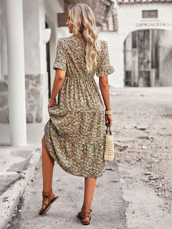 Bohemian V-Neck Floral Midi Dress – Lightweight, Short Sleeves, A-Line Fit