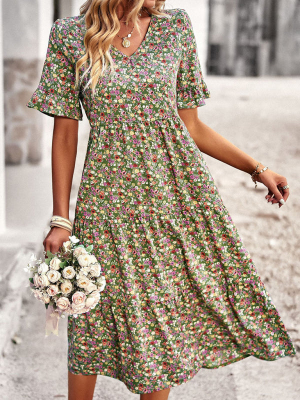 Bohemian V-Neck Floral Midi Dress – Lightweight, Short Sleeves, A-Line Fit