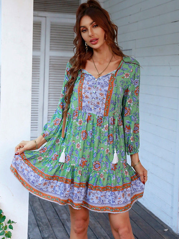 Boho Floral Mini Dress – Lightweight Puff Sleeve Woven Dress in 4 Colors