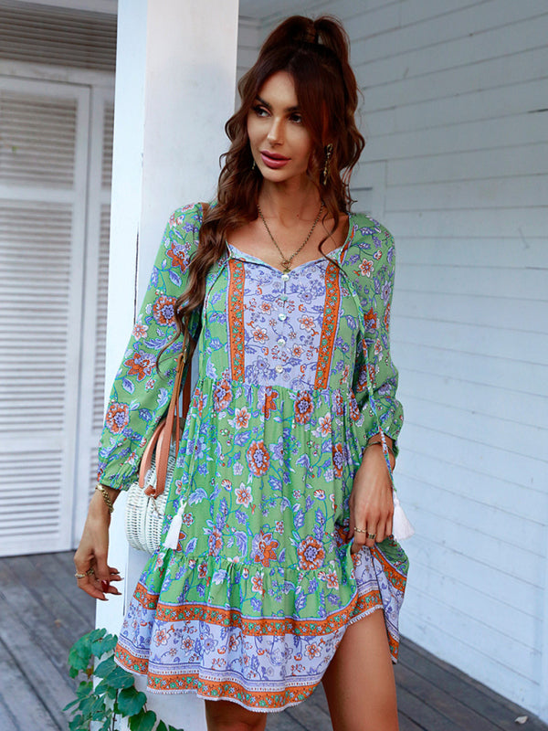 Boho Floral Mini Dress – Lightweight Puff Sleeve Woven Dress in 4 Colors