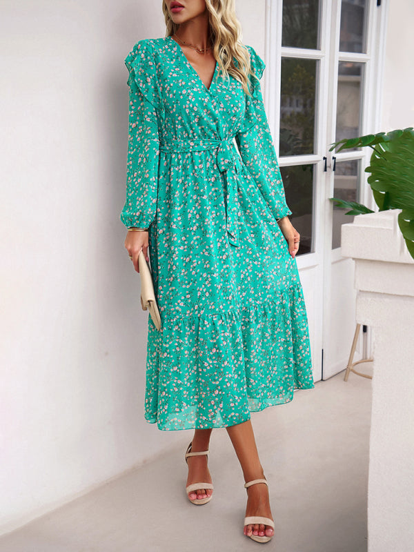 Floral V-Neck Long Sleeve Maxi Dress – Romantic Woven Design for All Seasons