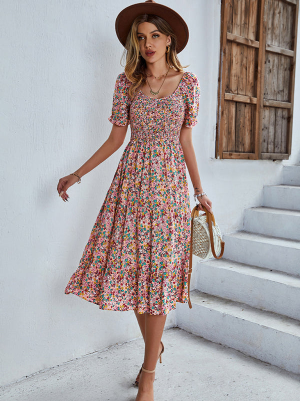 Boho Floral Swing Dress – Round Neck, Lightweight Rayon, Flowy Fit