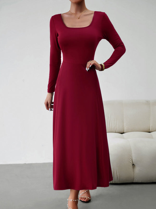 Elegant Knit Long Sleeve Dress – Waist-Defined Fit, Solid Colors