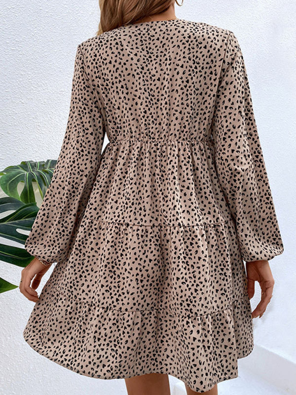 Leopard Print Puff-Sleeve Layered Skirt Dress – Long Sleeve, Pleated Fit