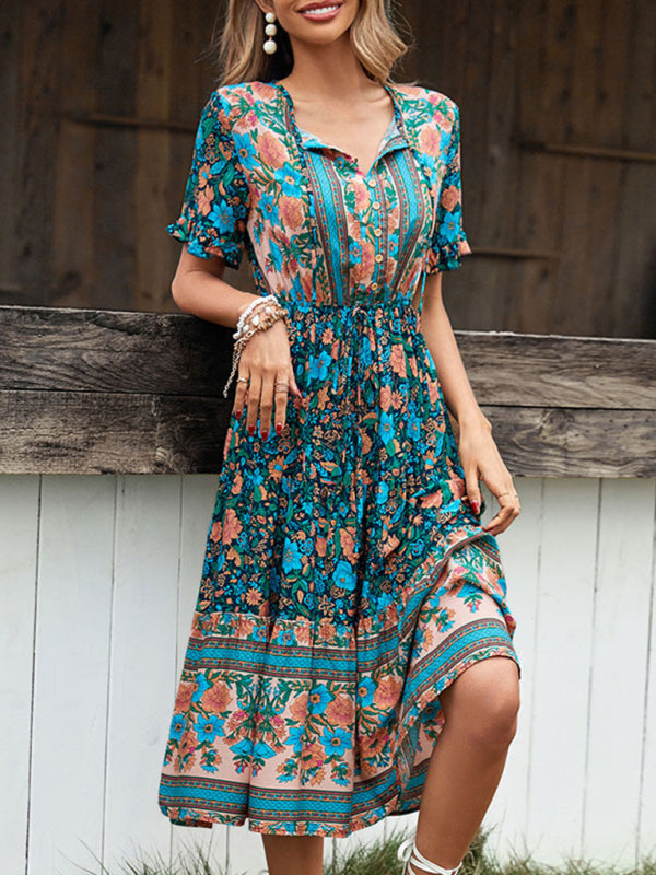 Bohemian Floral Print Button Tie Dress – Lightweight Spring-Summer Style