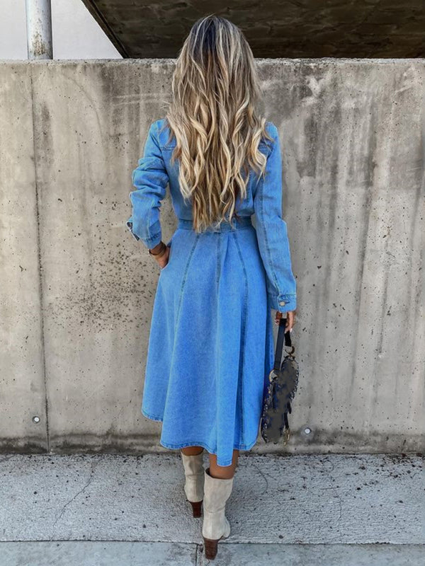 Denim High-Waist Sleeveless Lapel Dress with Flap Pockets – Casual Fit