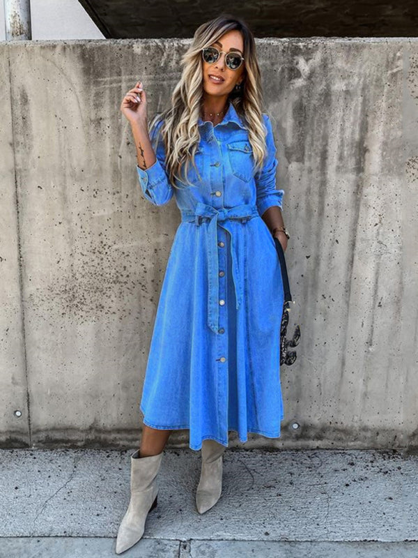 Denim High-Waist Sleeveless Lapel Dress with Flap Pockets – Casual Fit