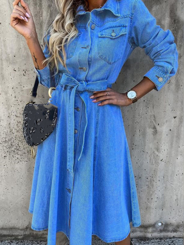 Denim High-Waist Sleeveless Lapel Dress with Flap Pockets – Casual Fit
