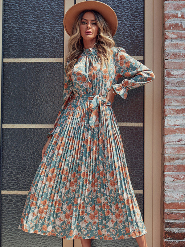 Romantic Long Printed Maxi Dress – Woven Polyester, No Stretch, 4-Season Wear