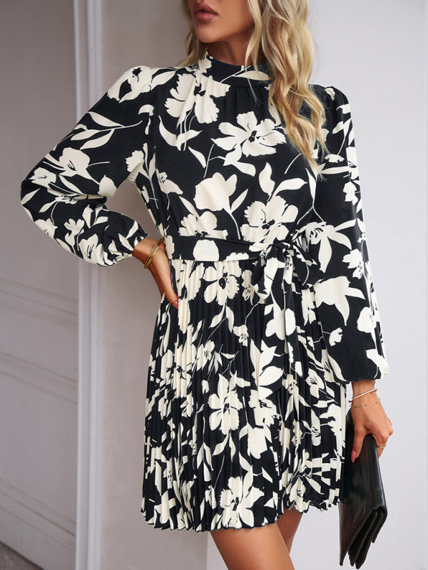 Elegant Pleated Midi Dress – Long Sleeves, Round Neck, Woven Polyester